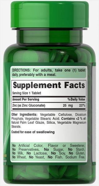 Puritan's Pride Zinc Gluconate 25mg 100tabs 00689 фото