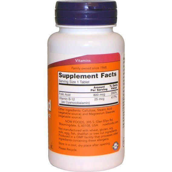 NOW Foods Folic Acid 800 mcg with Vitamin B-12 250 Taб 01247 фото